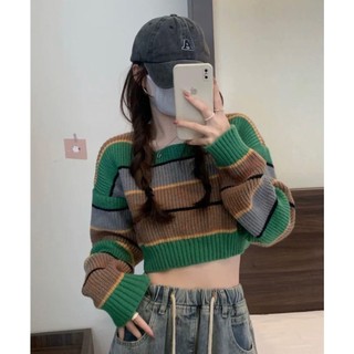 Áo Len kẻ xanh dáng croptop
