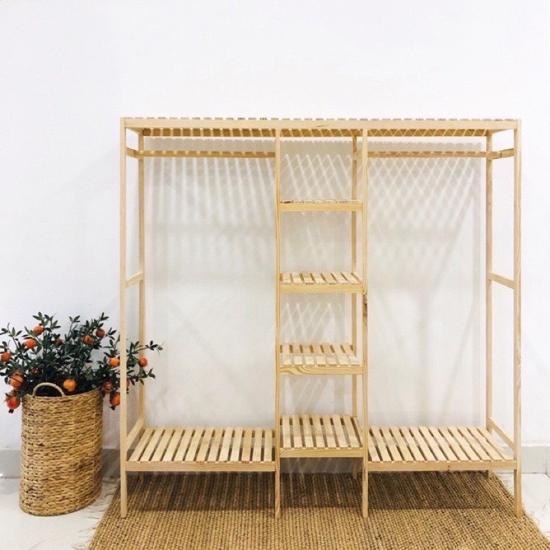 Tủ/Giá Treo Quần Áo 3 Khoang Đa Năng Gỗ Thông Nhập Khẩu - Nội Thất HT