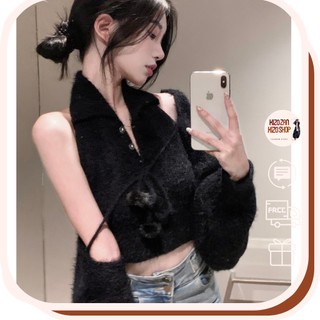 Sét áo len lông thỏ nữ hàng Quảng Châu mùa đông, set 2 món áo croptop và khoác ngoài phong cách Hàn Quốc 556 Kizoshop