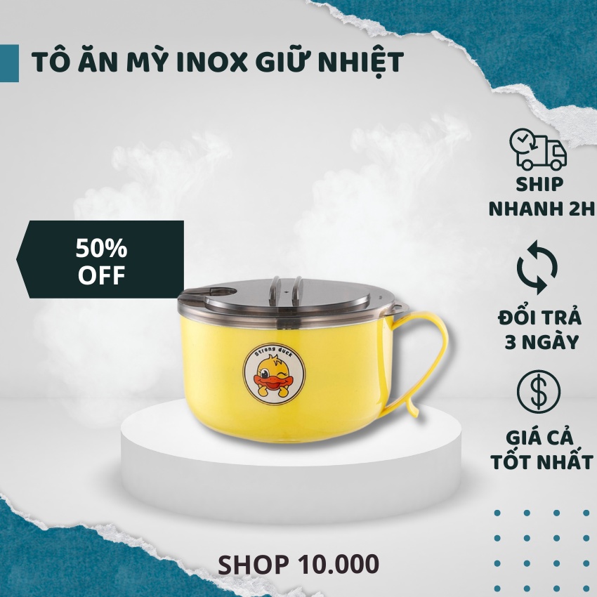 Tô ăn mỳ, bát inox giữ nhiệt có nắp đậy dung tích 1 lít họa tiết con vịt vàng, xanh siêu dễ thương (GIAO NGẪU NHIÊN MÀU)