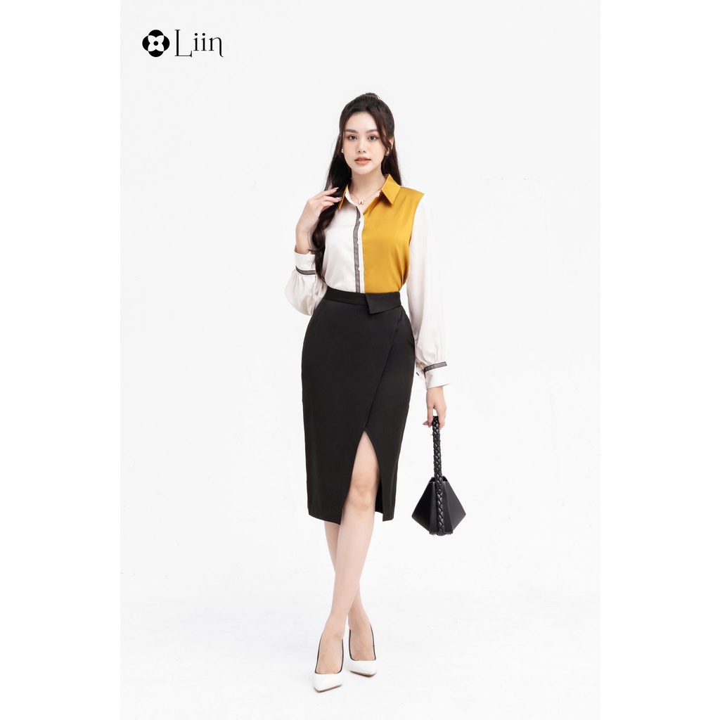 Áo lụa vàng phối nâu thanh lịch trẻ trung công sở Liin Clothing SM4700