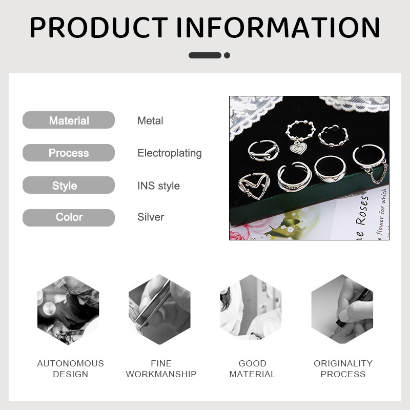 ✨✨Bộ 7 Nhẫn Hình Học Trái Tim Dây Xích Cổ Điển Kết Hợp Cho Nữ