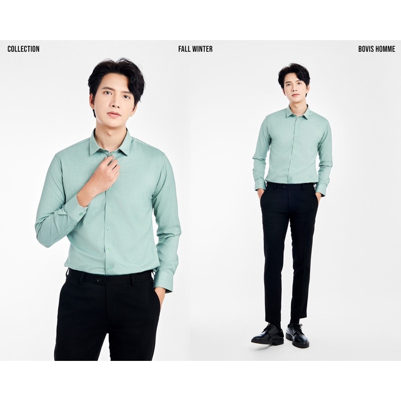 Áo sơ mi nam Bovis Homme màu xanh lá, chất liệu bamboo mềm mịn chống nhăn. Phom Slim-fit vừa vặn