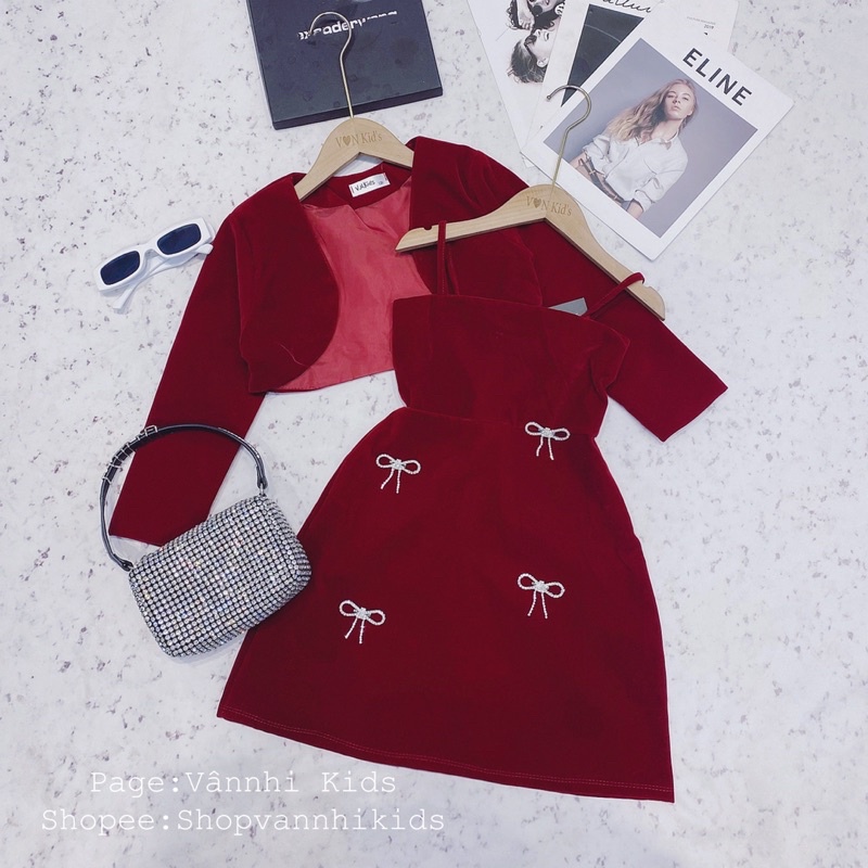 Set Váy Nhung Đính Đá Nơ Cho Bé 16kg-41kg