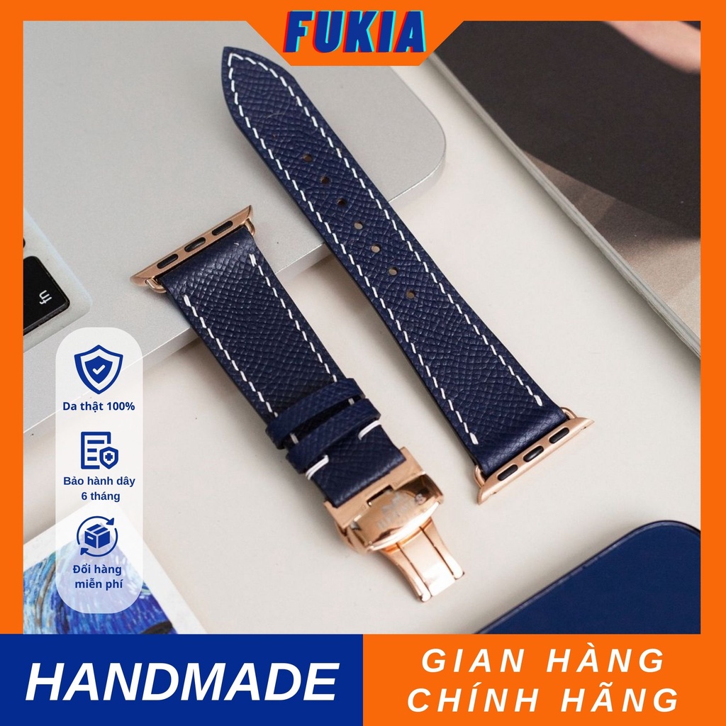 Dây da thủ công Epsom Xanh Navy Chỉ Trắng dành cho Apple Watch, đồng hồ thông minh, đồng hồ cơ DDTC128