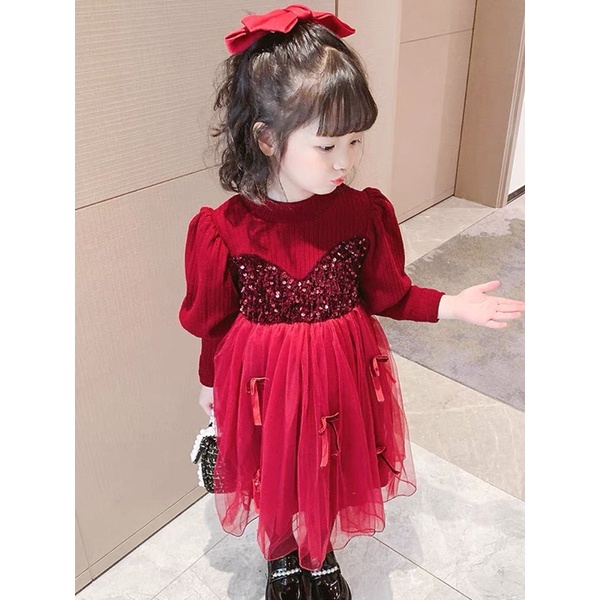 Váy đầm đỏ kim sa cho bé gái
