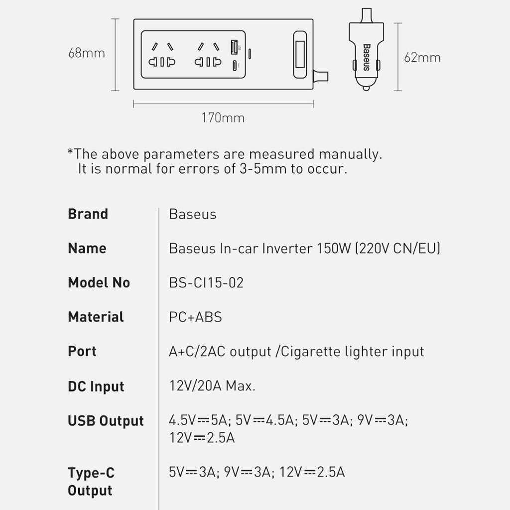 Tẩu Sạc Chuyển Đổi Điện Ô Tô DC 12V Sang Xoay Chiều AC 220V Baseus In Car Inverter 150W Đa Năng Tiện Dụng