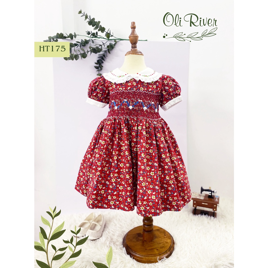 Váy Smock bé gái Oli River Kid cổ bèo tay bồng họa tiết hoa nhí vàng chất liệu thô cho bé từ 1 - 7 tuổi - HT175
