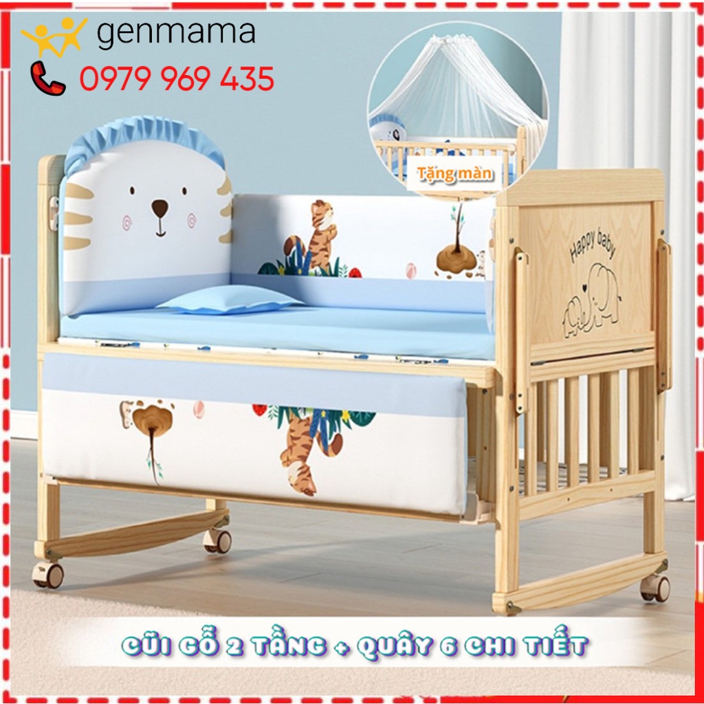 Nôi cũi gỗ cho trẻ em kèm đệm,quây,màn,gối kích thước 105*60*90cm, quây cũi cho bé 6 chi tiết,cũi gỗ cho bé CB-C105-CQ