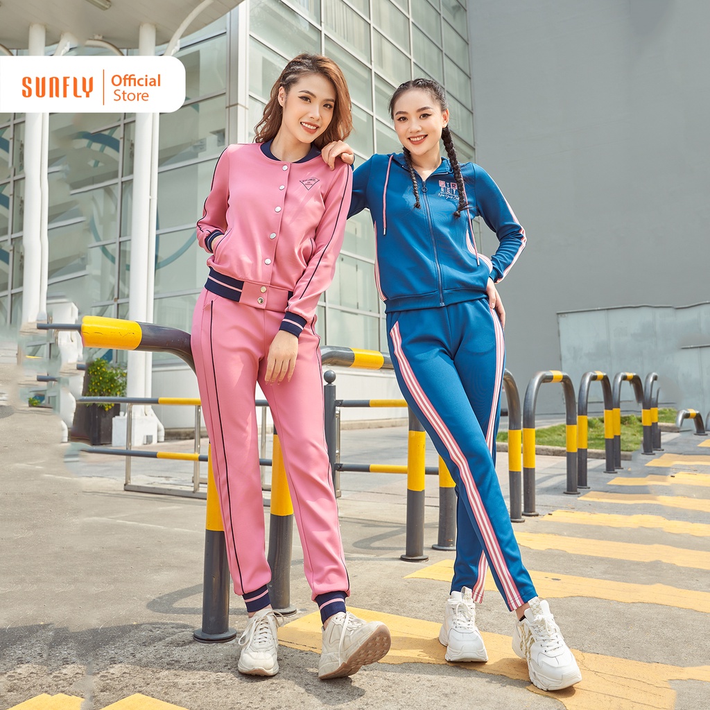 Bộ thể thao nữ poly 2 da cao cấp SUNFLY, áo kéo khóa có mũ - quần dài SS5694