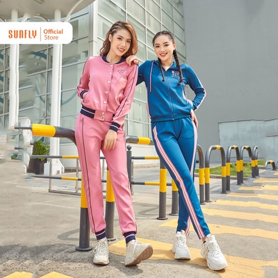 Bộ thể thao nữ poly 2 da cao cấp SUNFLY, áo kéo khóa có mũ - quần dài SS5694