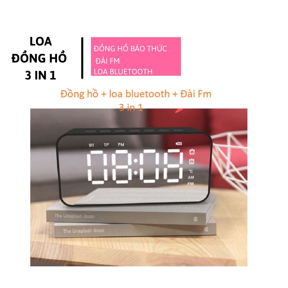 [Mã SKAMSALE0123 giảm 10% đơn 200k] Loa Bluetooth Kiêm Đồng Hồ Mặt Gương Hiển Thị Đèn Led - Đài FM - Đồng Hồ Báo Thức