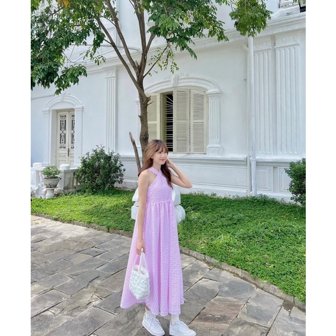 Váy đầm dài maxi cổ yếm xoè rộng caro màu tím pastel mộng mơ trẻ trung