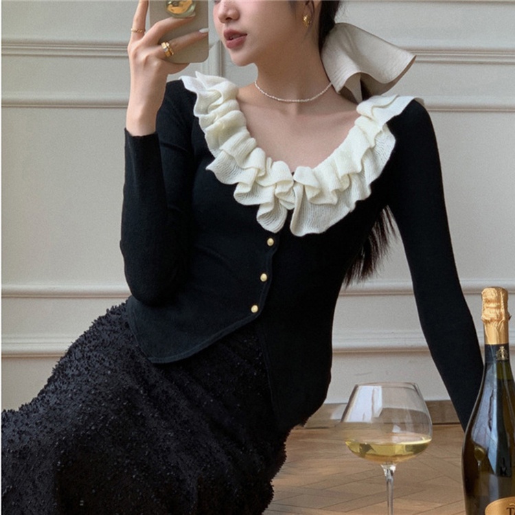 Áo cardigan Dệt Kim Cổ Thấp Lưng Cao Phối Ren Kiểu Pháp Xinh Xắn Cho Nữ