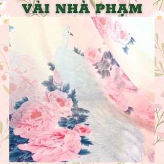 Tơ organza hoa chân hoạ tiết hoa mẫu đơn nền hồng nhạt - khổ 1.5m - vải nhà phạm