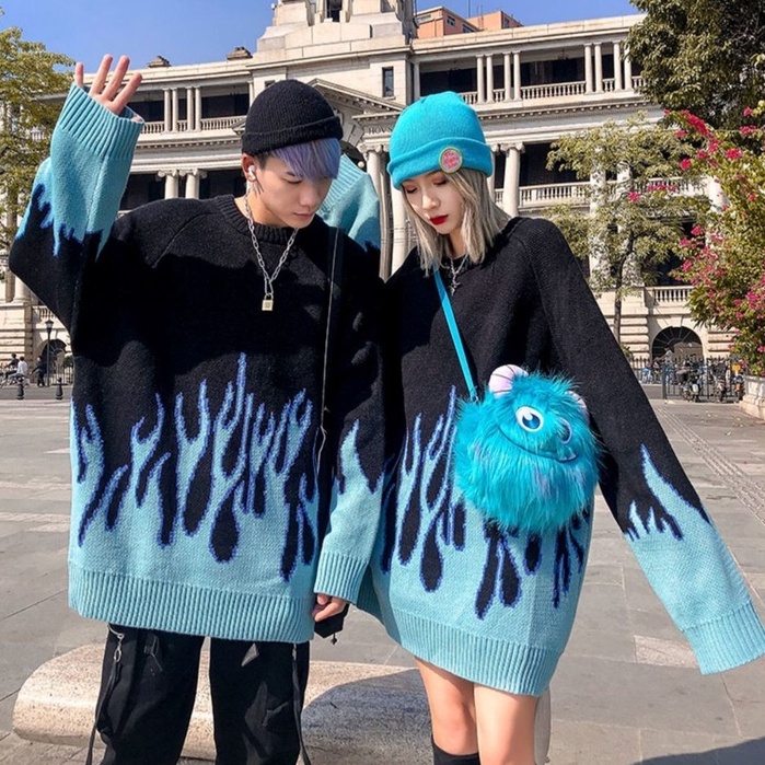 Happy-store ❤️ Áo sweater len nam nữ form rộng ngọn lửa xanh đen, áo sweater nam unisex màu đen thời trang hàn quốc