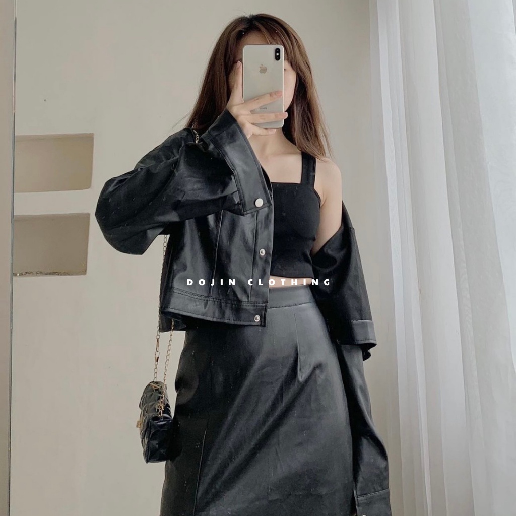 Áo khoác da dáng lửng màu đen style cá tính cool ngầu