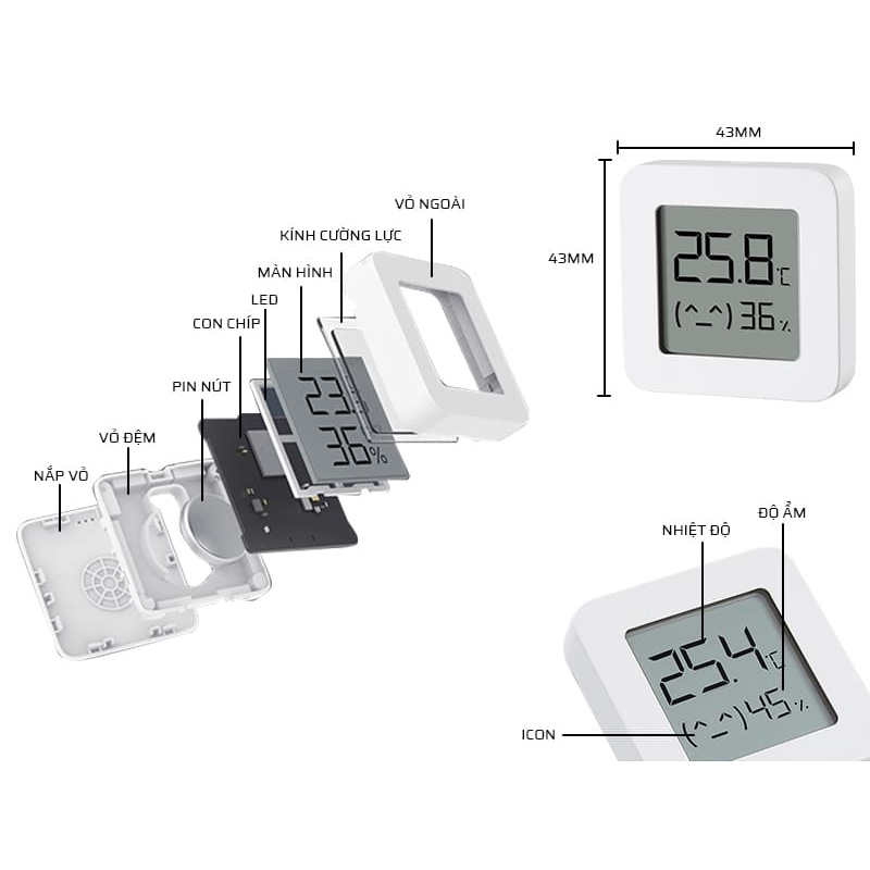 Nhiệt kế và Ẩm kế điện tử Xiaomi Mijia Gen 2 NUN4126GL - Có màn hình LCD, hiển thị nhiệt độ và độ ẩm