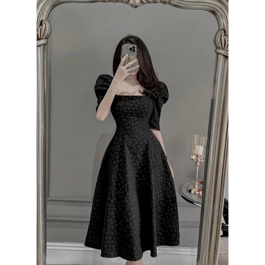 [12/12 Sale Freeship] Đầm cổ vuông chất gấm sang trọng,đầm gấm có mút dập hoa nổi tay ngắn dáng xòe đi tiệc cực đẹp dx