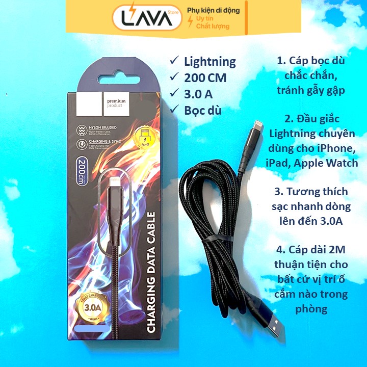 Dây sạc nhanh USB to Lightning iPhone iPad Apple Watch đen, dây sạc nhanh 3A bọc dù siêu bền, tương thích với các sản ph