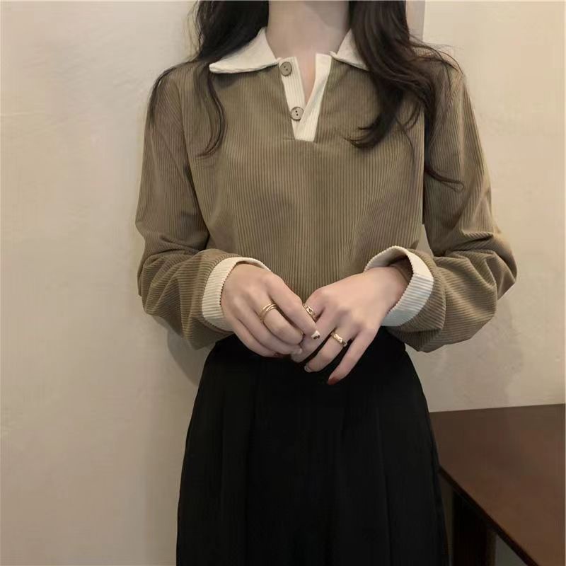K. Style áo thun tay dài phong cách Hàn Quốc phối cổ sơ mi chữ V