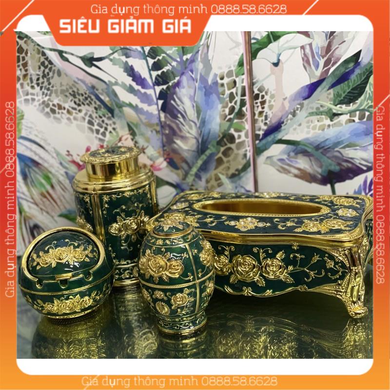 Set 4 sản phẩm đồng khảm hoa văn họa tiết cổ | Set tăm, gạt tàn, lọ chè, hộp giấy Hoàng Gia