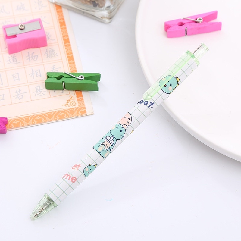 Bút bi bấm khủng long xanh lá cute dễ thương, Bút gel mực dạng bấm 0.5mm, bút bi bấm mực đen cute Ếch ộp Vpp