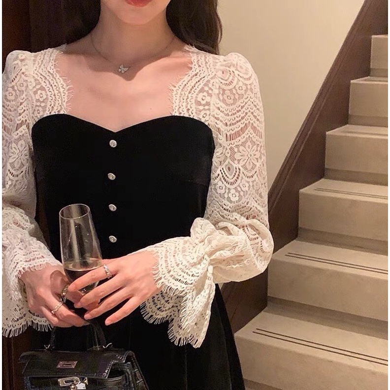 Váy nhung xoè dáng dài pha ren tay