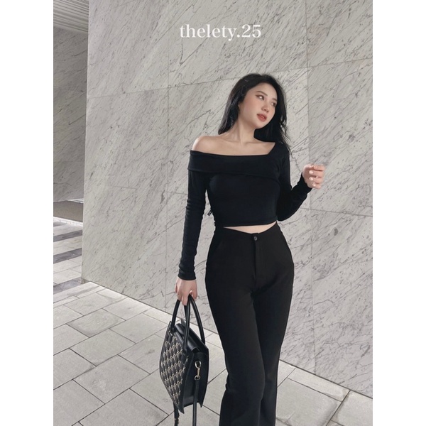 Áo Croptop Lệch Vai Lật Tay Dài | 𝐭𝐡𝐞𝐥𝐞𝐭𝐲