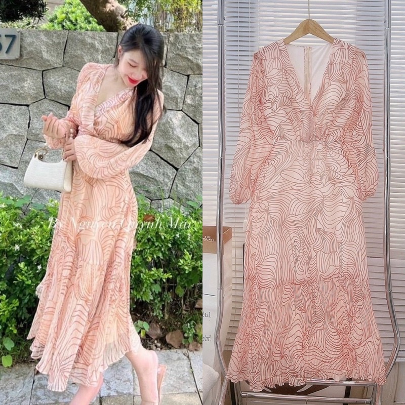 Đầm váy voan hoạ tiết cam tay dài, midi cổ V thời trang nữ tiểu thư hotgirl dễ thương kín đáo đi chơi dạo phố du lịch