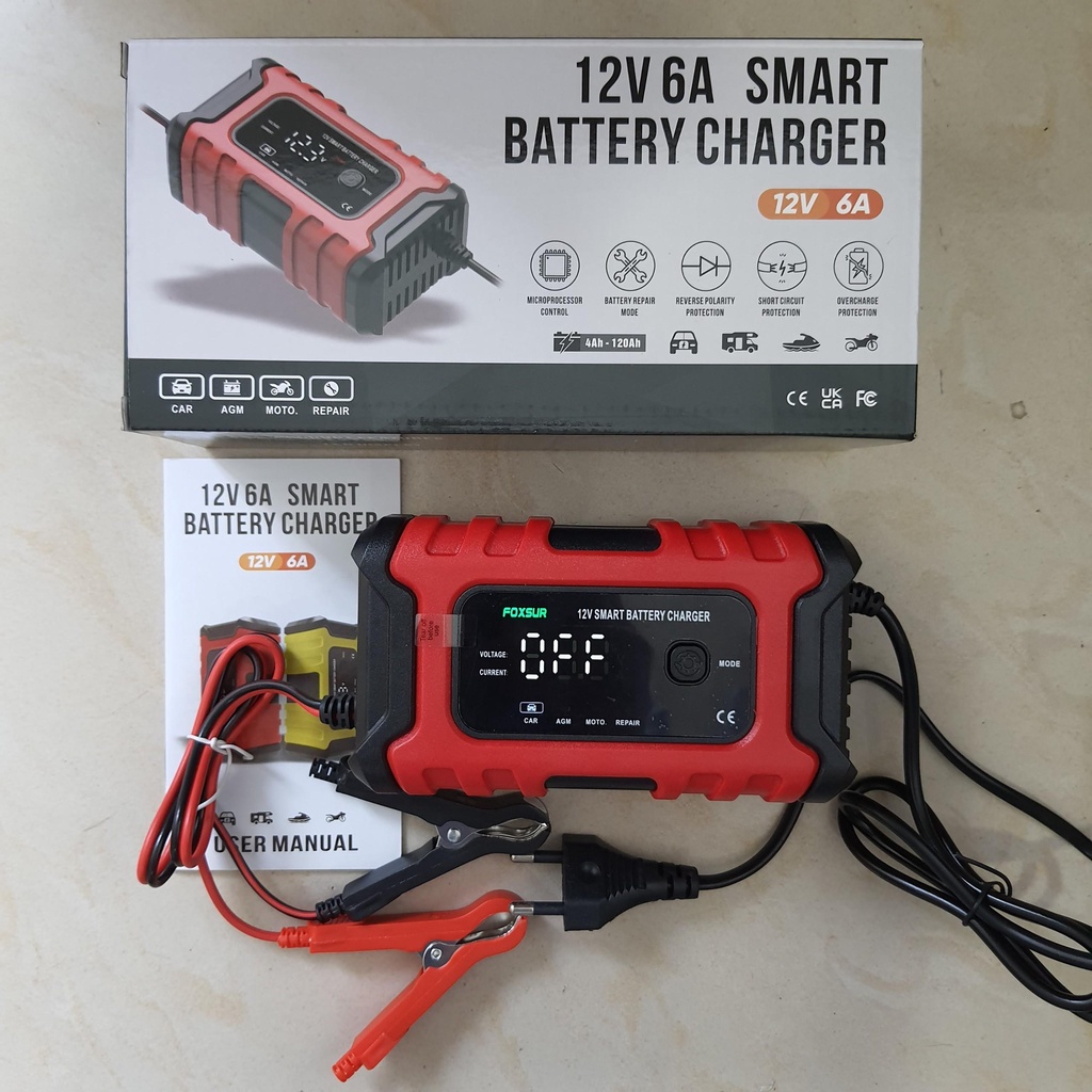 Sạc bình ắc quy sạc ắc quy ô tô xe máy 12V 6A 4AH-120AH FOXSUR màn hình LED mẫu mới tự ngắt khi đầy khử sunfat sac acquy
