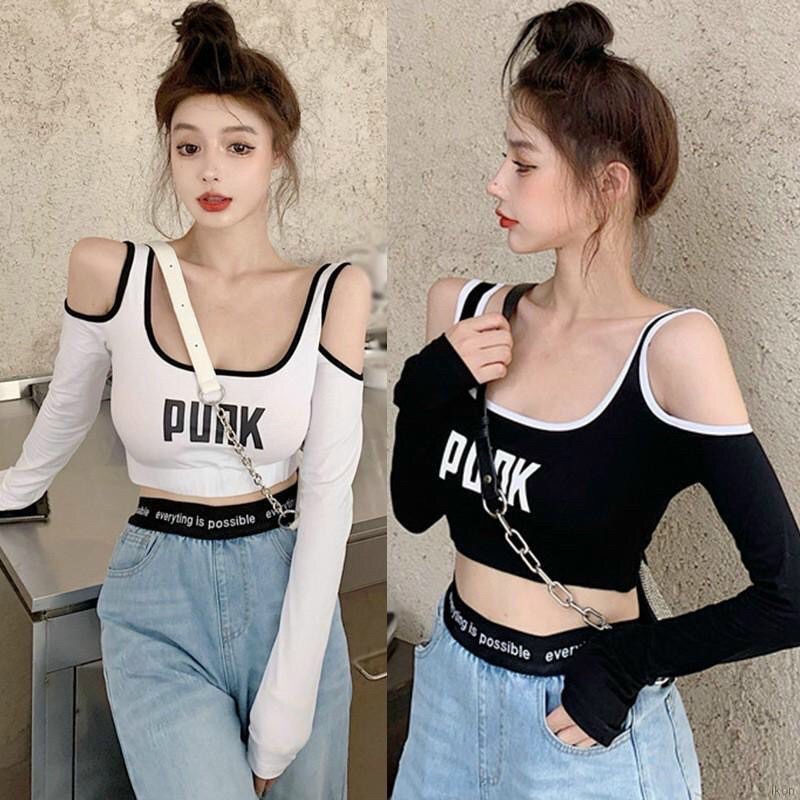[Hot] ÁO KIỂU HỞ VAI VIỀN IN CHỮ PUNK CHẤT BORIP CO GIÃN TAY DÀI CHIZISHOP P001