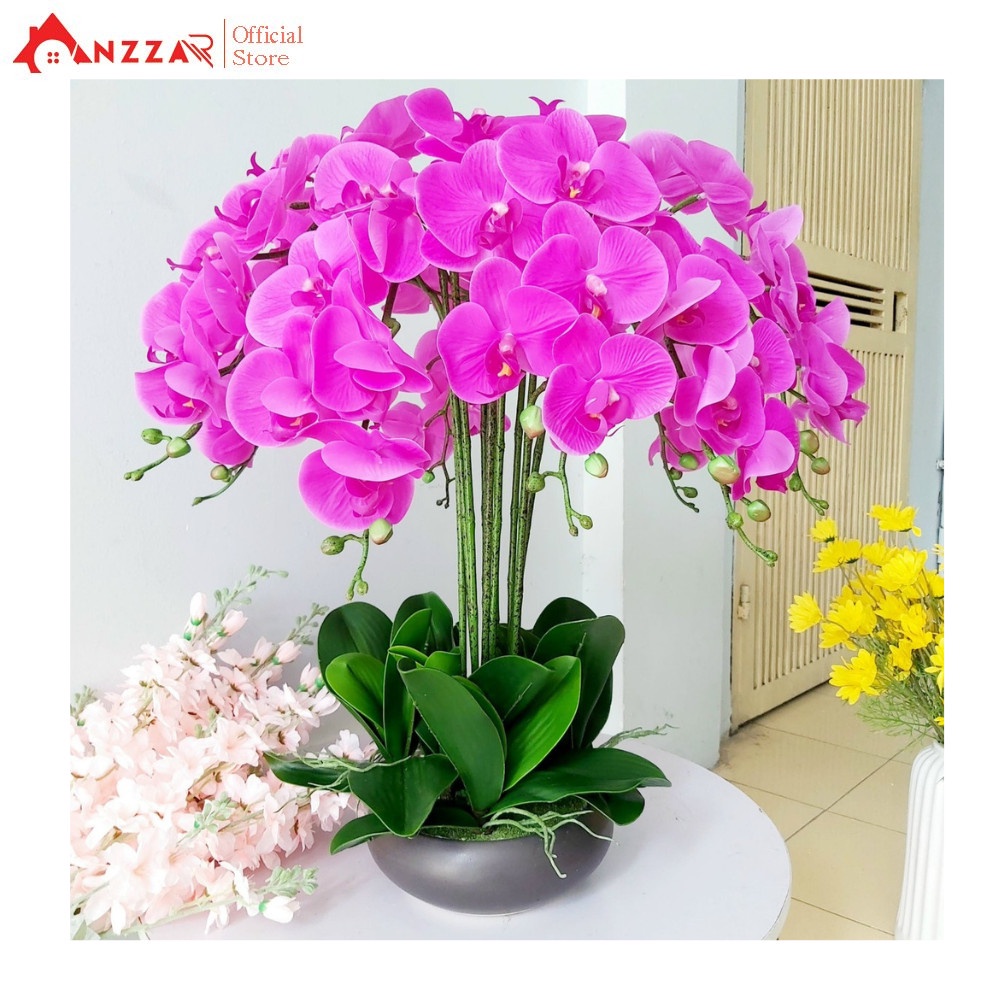 Chậu hoa lan hồ điệp cao su Anzzar loại cao cấp đẹp giống thật trang trí phòng khách, nhà hàng, khách sạn sang trọng