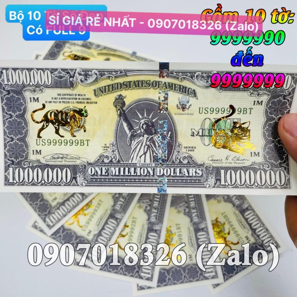 Bộ 10 Tờ Seri Đẹp, có tờ FULL 9 , Tiền Lì xì độc 1 Triệu USD Mỹ hình Mèo mạ vàng sang chảnh, có bảo an