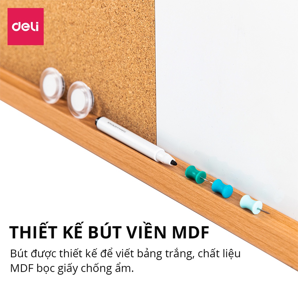 Bảng ghim gỗ bần viền gỗ kết hợp bảng trắng Deli, treo ảnh, trang trí, bảng thông tin văn phòng - 8750/8753