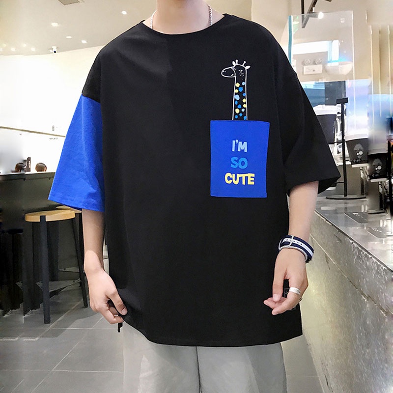 Áo Thun Tay Ngắn Cổ Tròn Dáng Rộng In Họa Tiết Màu Sắc Tương Phản Thời Trang Mùa Hè Cho Nam