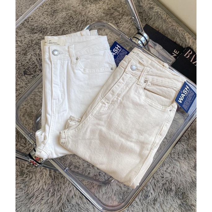 QUẦN JEANS XUẤT KHẨU  LOE TRẮNG/KEM DÀI 105CM LƯNG CAO CO GIÃN QJ658
