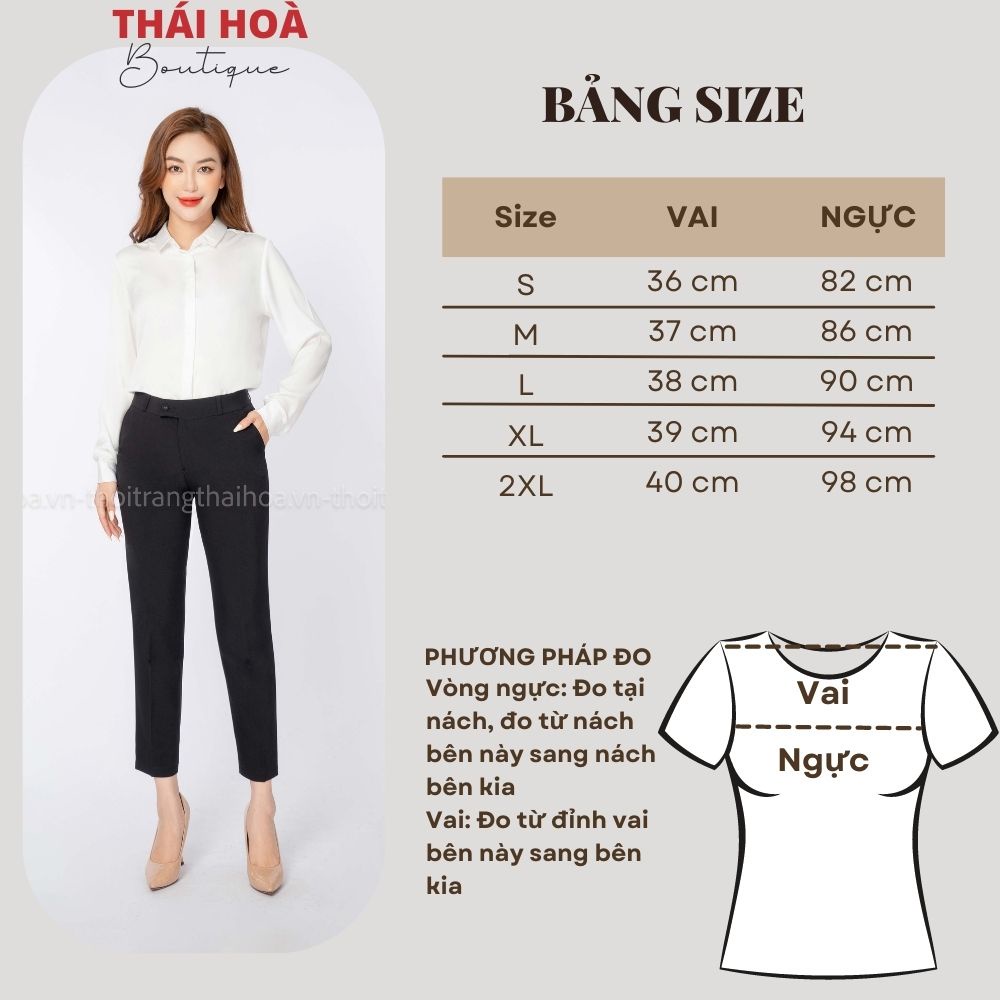 Áo sơ mi nữ lụa công sở màu trắng dài tay thiết kế kiểu dáng thanh lịch Thái Hòa 8883-01-01