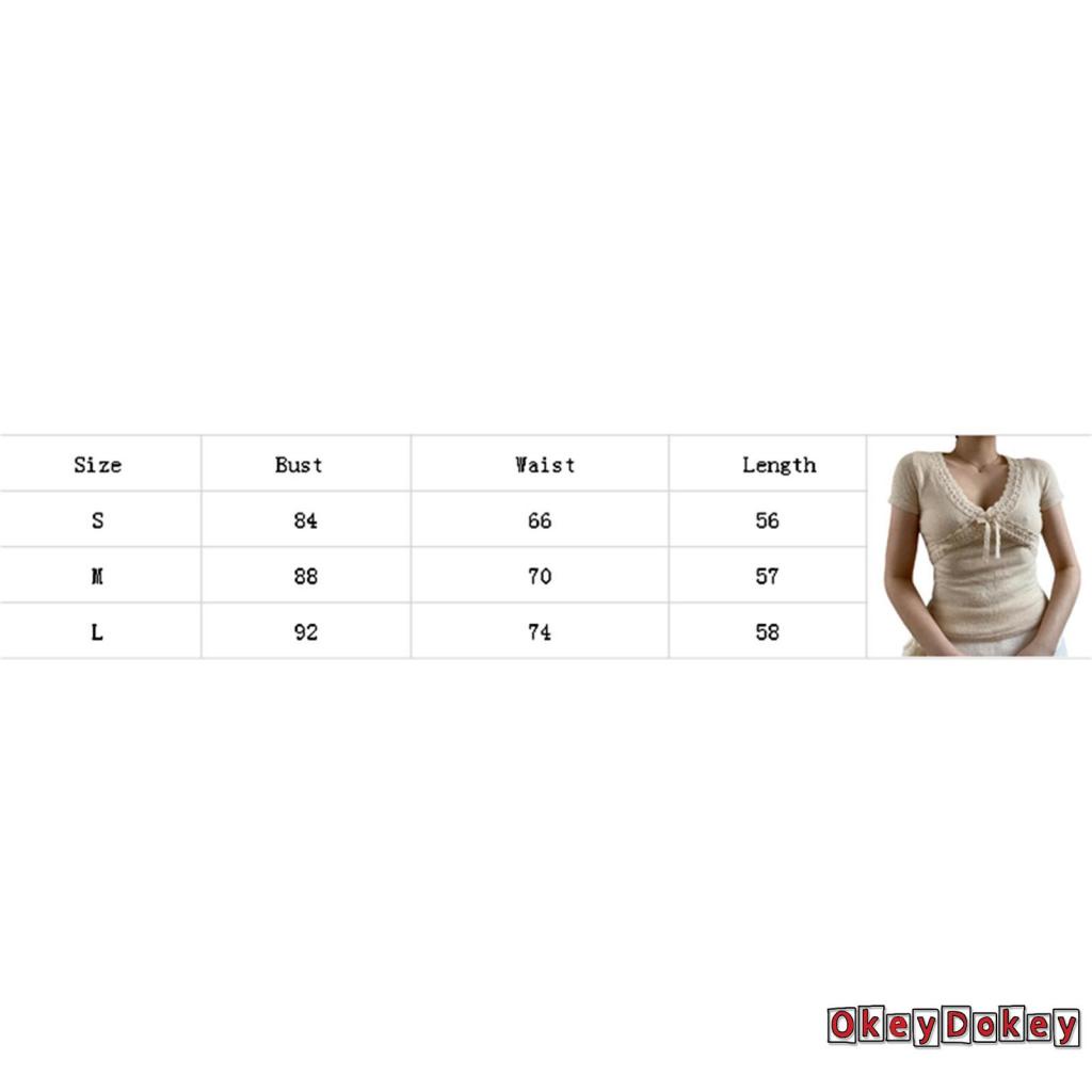 Áo Crop Top Dệt Kim Tay Ngắn Cổ Chữ V Phối Ren Thắt Nơ Phía Trước Phong Cách Retro Cho Nữ OKDK-Y2