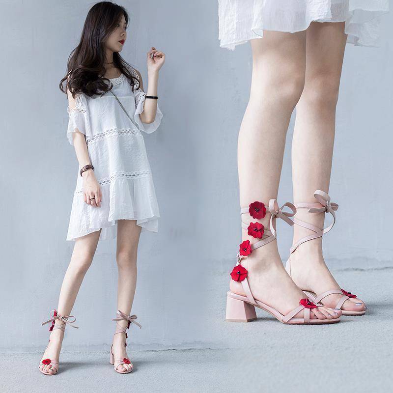 Giày Sandal Cao Gót Dây Buộc Bằng Da Thật Đế Dày In Hoa Phong Cách Bohemian Mùa Hè Cho Nữ