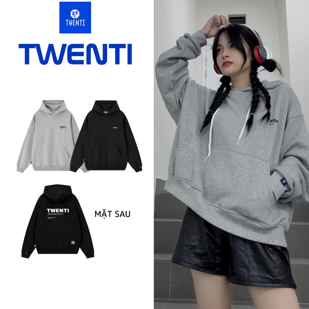 Áo Hoodie Boxy Twenti Nỉ Cotton In Chữ Đơn Giản