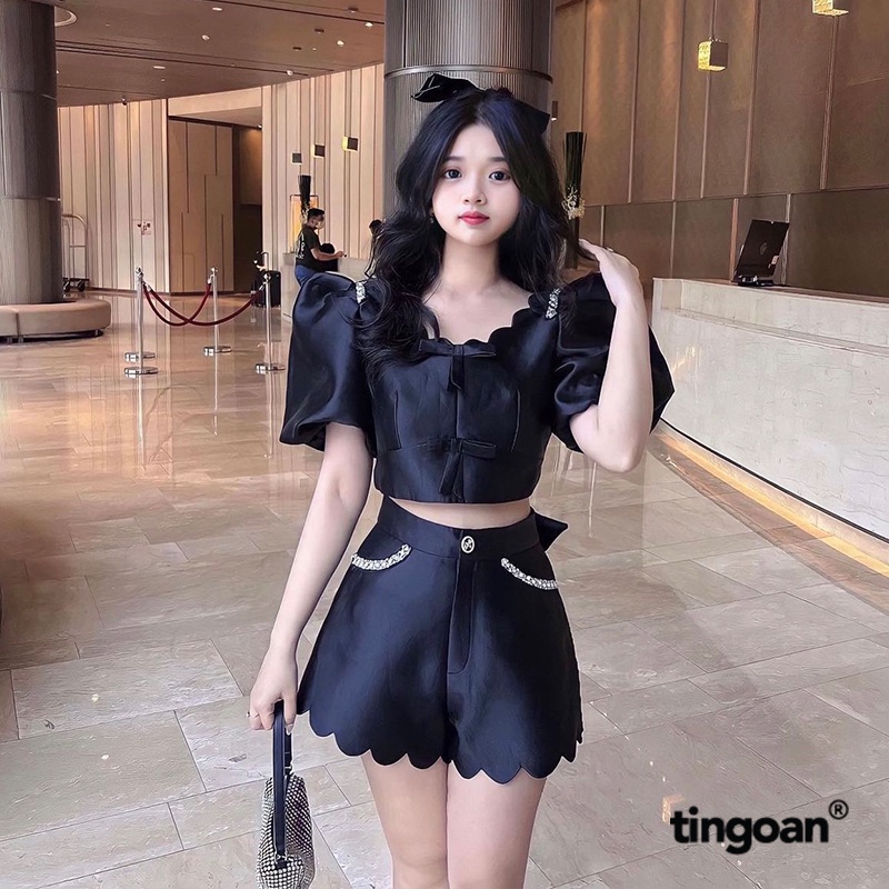 TINGOAN® - Áo croptop tafta thiết kế điệu tay bồng nơ lưng đen LOVE LINER TOP/BL | BigBuy360 - bigbuy360.vn