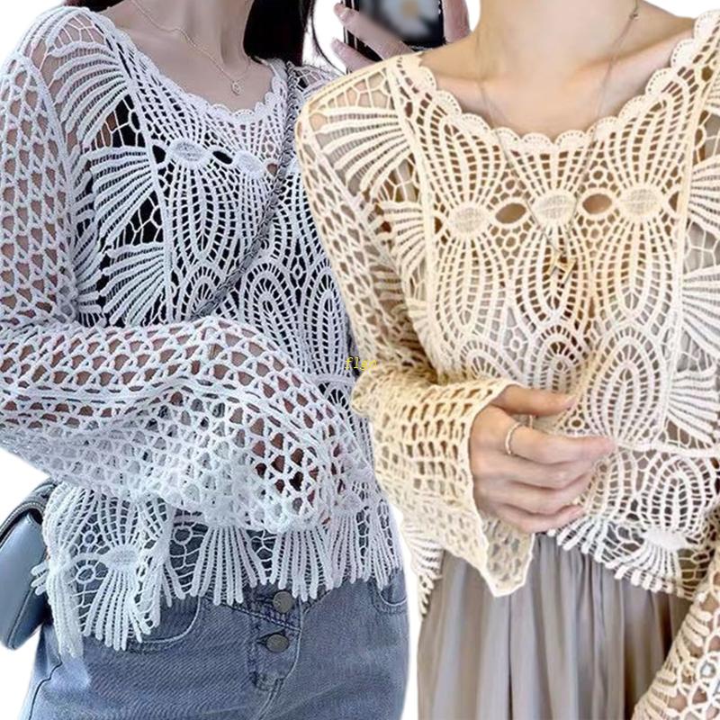 Áo Thun Đan Móc Tay Dài Che Phủ Lỗ Phối Ren Hoa Thời Trang Cho Nữ