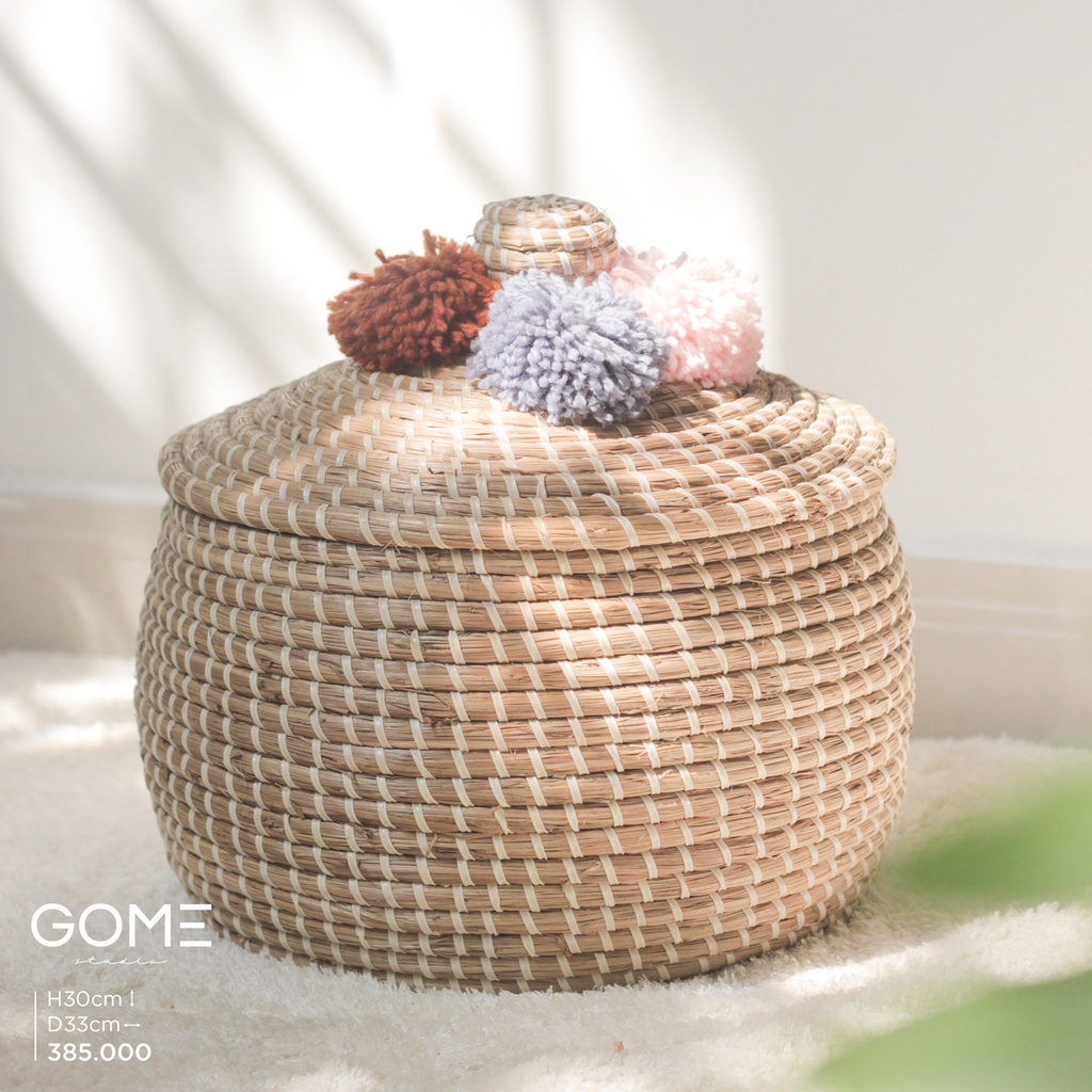 Giỏ cói nắp pom pom xinh xắn | Mây tre đan xuất khẩu phong cách Bắc Âu