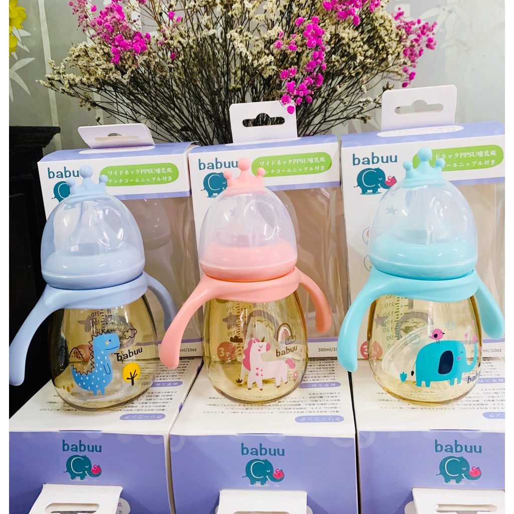 (Bình vương miện )Bình sữa Babuu cổ rộng PPSU cao cấp 240ml, 300ml  kèm tay cầm ( tặng 1 núm siêu mềm)