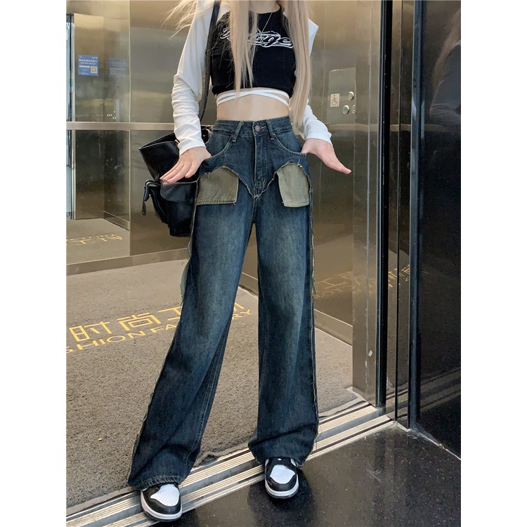 QADCOL Thiết Kế Với Túi Quần Jean Ống Rộng Thẳng Lưng Cao Phối Màu Tương Phản Cho Nữ