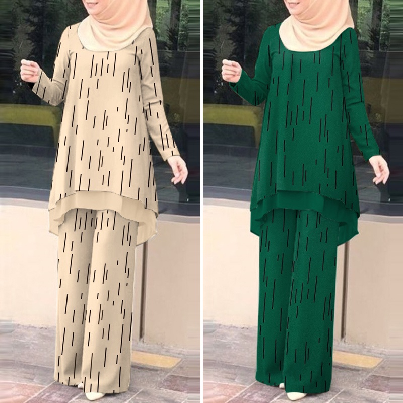 ZANZEA Bộ Đồ Hồi Giáo Dài Tay Hai Lớp Eo Thun In Họa Tiết Vintage Cho Nữ
