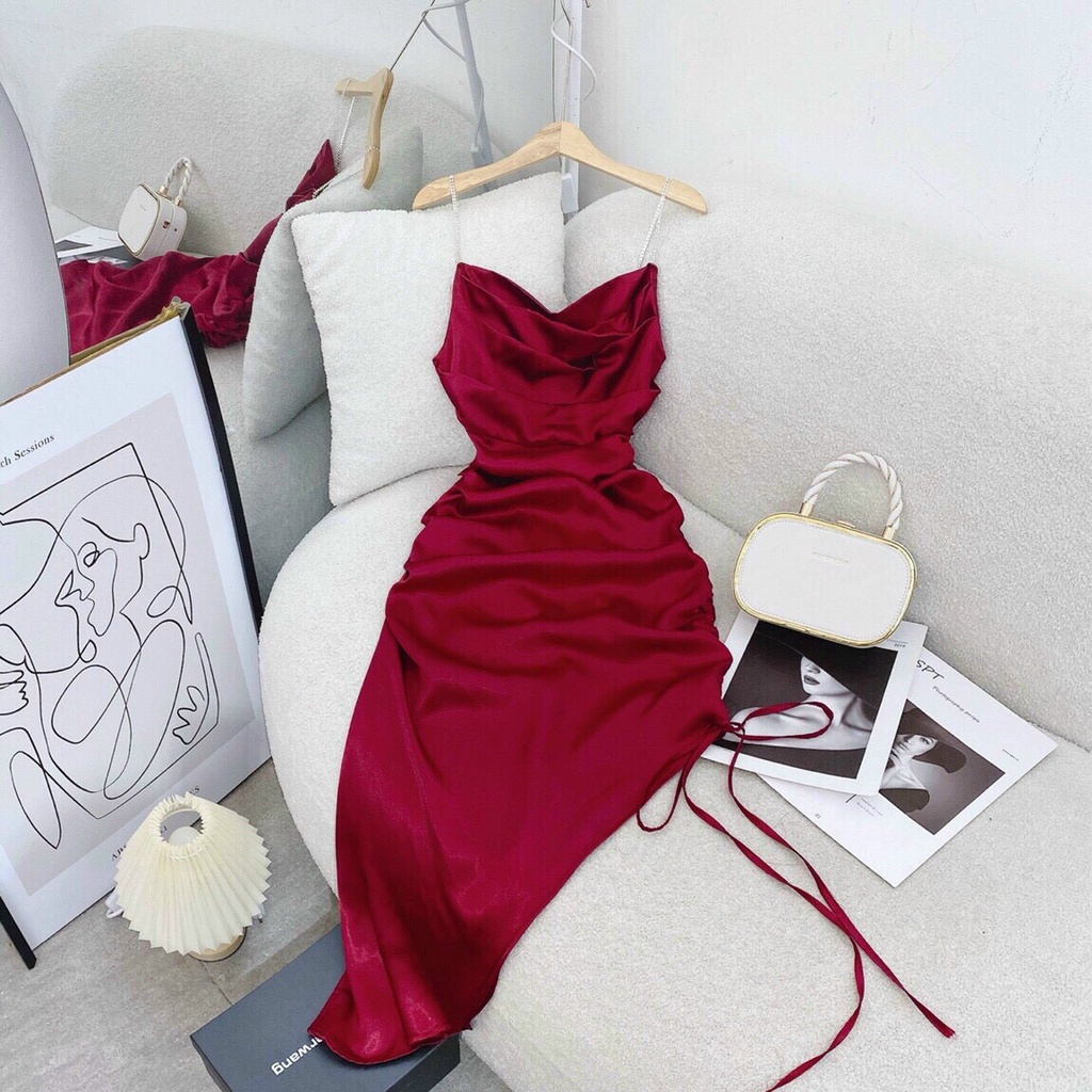 ĐẦM ĐI TIỆC, ĐẦM ÔM BODY LỤA 2 DÂY CỔ ĐỔ VẠT XÉO SIÊU SANG CHẢNH NHIỀU MÀU