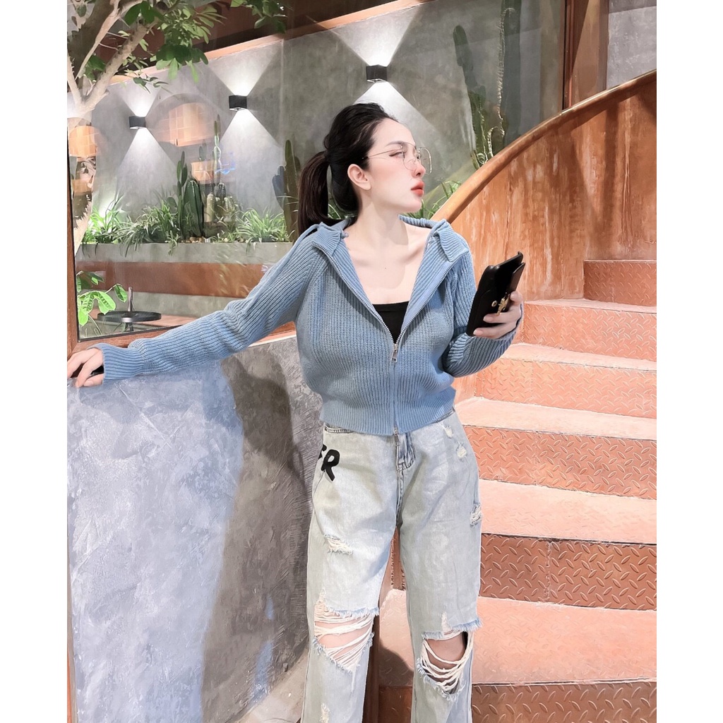 Cardigan Nữ Có Mũ, Áo Khoác Len Kéo Khoá Hàng Quảng Châu