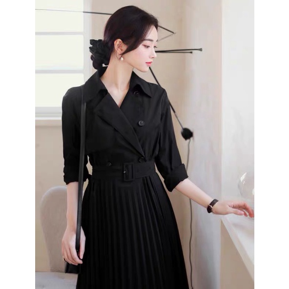 Set váy măng tô xếp ly